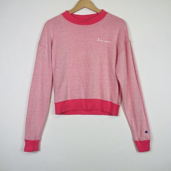 Champion Pink White Stripe Cropped Lightweight Sweatshirt Shirt Top Womens Small - Picture 1 of 6